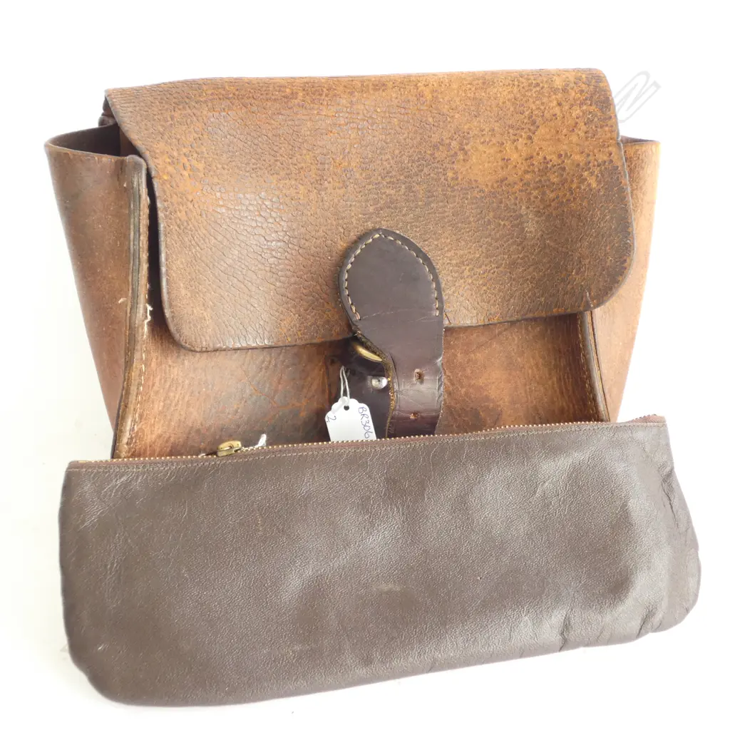 OLD LEATHER SATCHEL  & LEATHER TRAVELITE SLIPPERS IN POUCH Image 1++