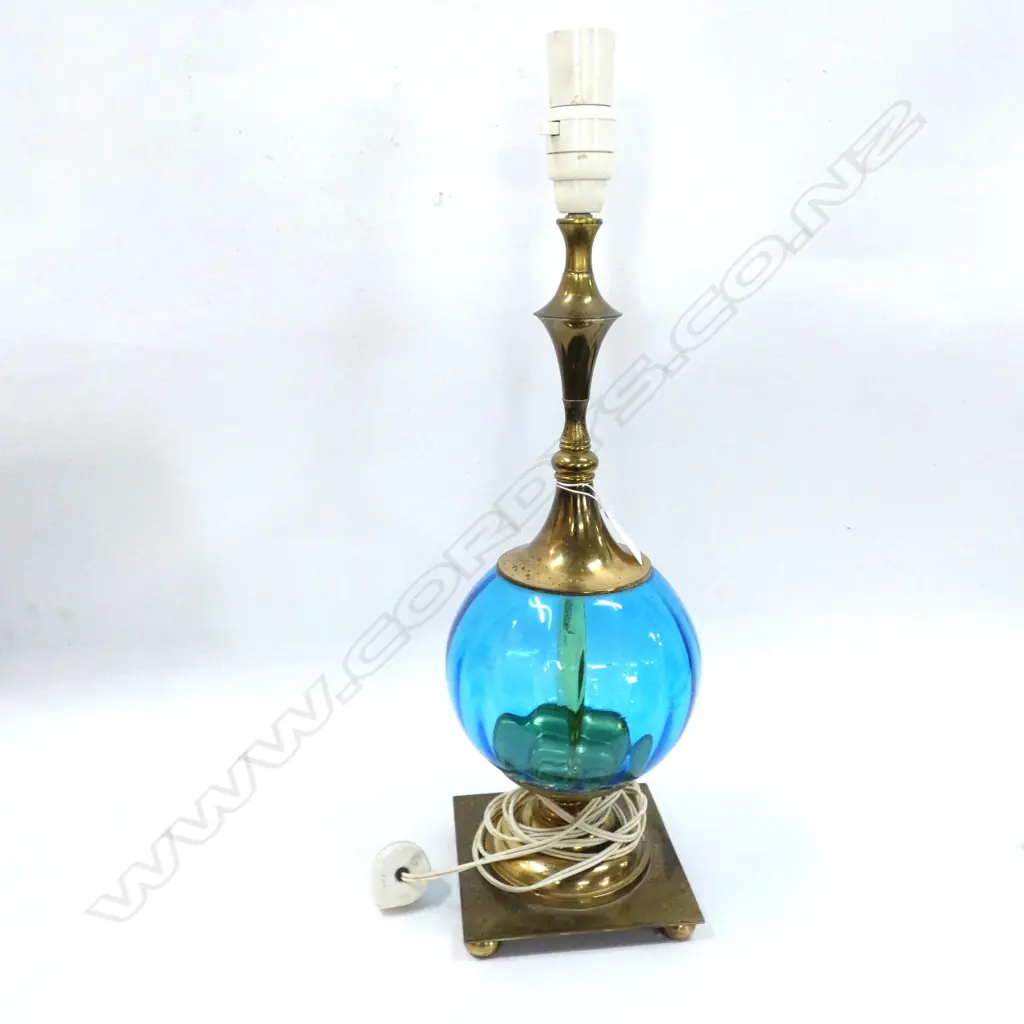 BRASS & BLUE GLASS TABLE LAMP BASE H. 530MM Image 1++