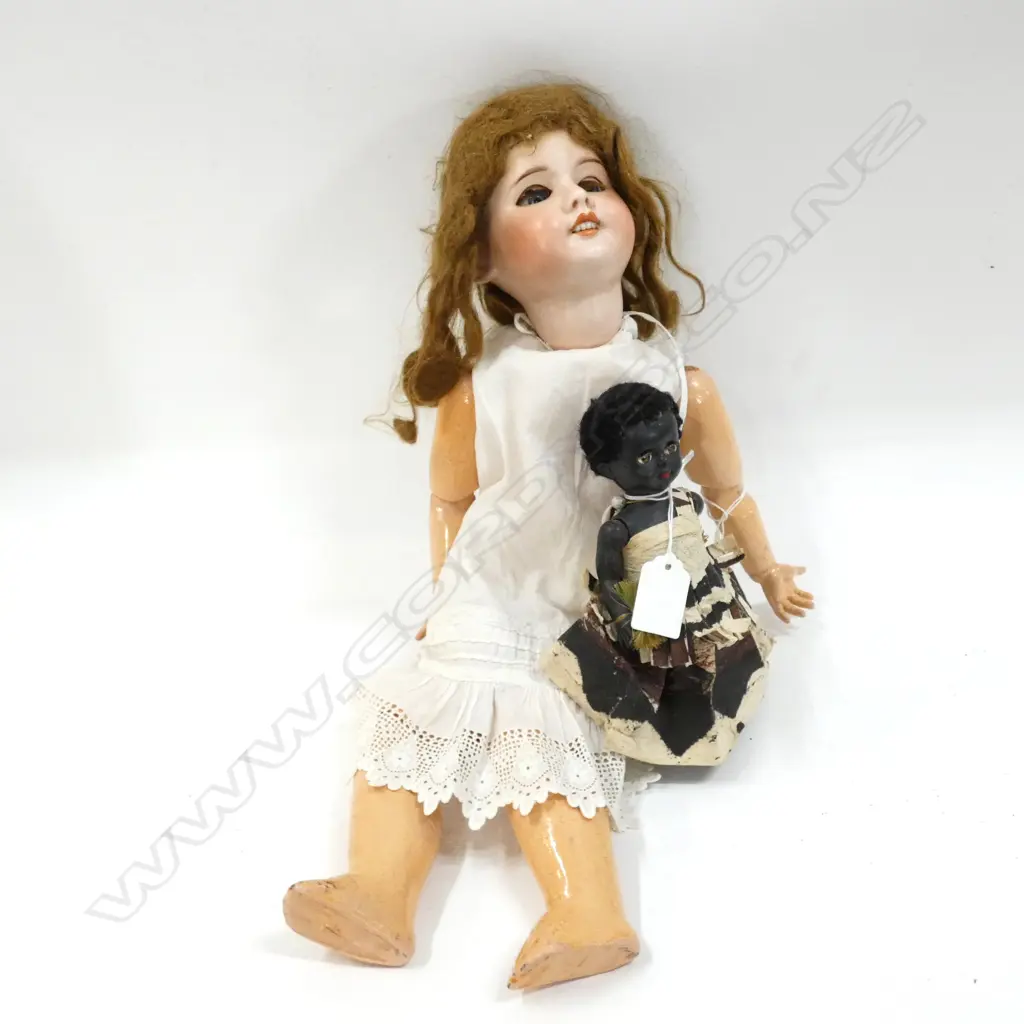 VINTAGE SFBJ PARIS PORCELAIN DOLL (L 490MM) + SM BLACK DOLL IN COSTUME Image 1++
