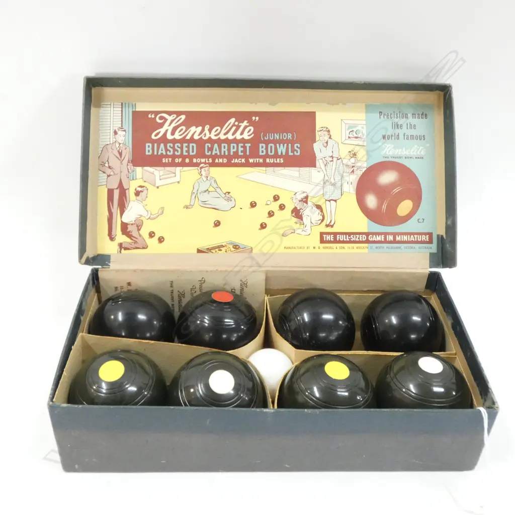 BOXED SET OF VINTAGE  JNR HENSELITE BIASSED CARPET BOWLS INC. JACK & INSTRUCTIONS Image 1++