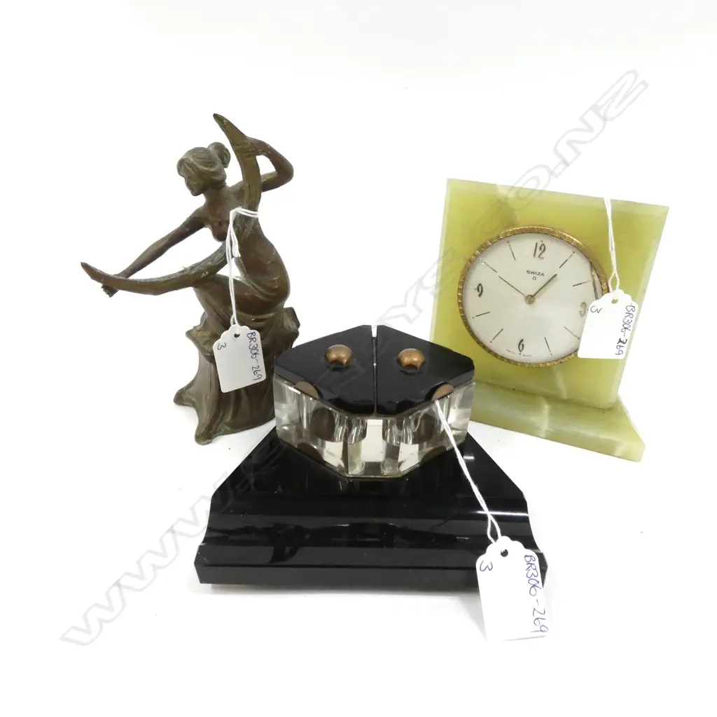 ART DECO INK WELL / BRONZE LIKE FIGURINE (H160MM) & GREEN MARBLE SWIZA DESK CLOCK (H.130MM)  Image 1++