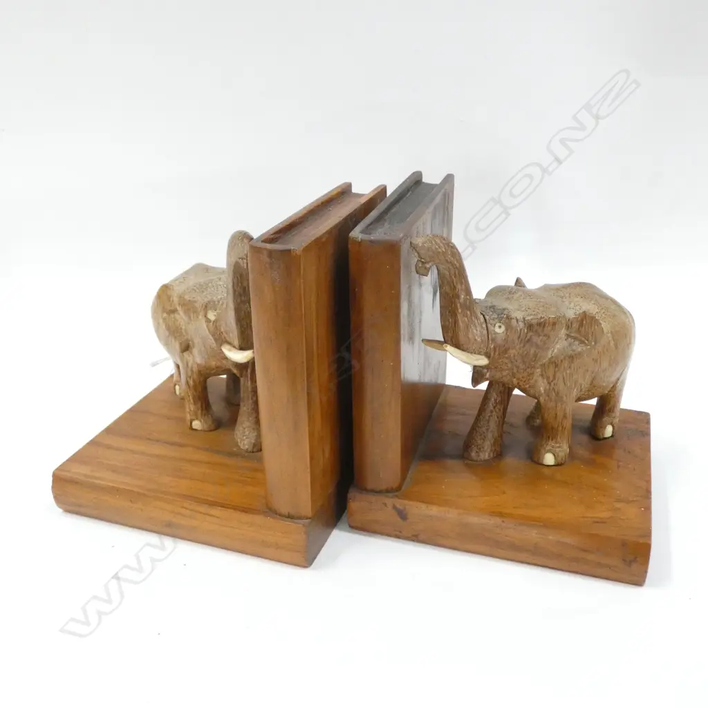 PAIR WOOD ELEPHANT BOOKENDS (1 TUSK AF) Image 1++