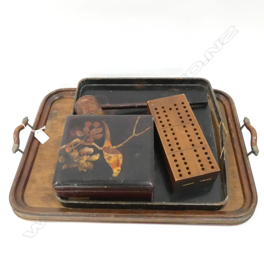 LG OAK TRAY / ENAMEL TRAY (DAMAGED) LG WOODEN PIPE (L 335M) OLD WOODEN GAME ETC. Image 1++