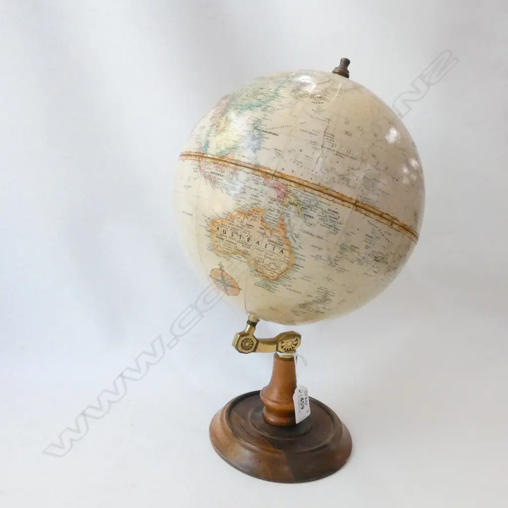 9 INCH TERRESTRIAL GLOBE BY REPLOGLE GLOBES LTD, USA. ON WOODEN & BRASS STAND, H.390mm Image 1++