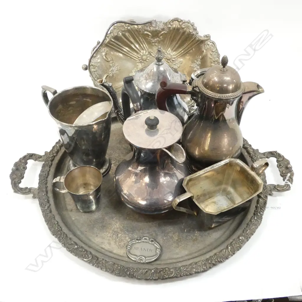 LG SILVER PLATE TRAY WITH BIG COLLECTION SILVER PLATE JUGS ./ COFFEE POTS BOWLS ETC. Image 1++