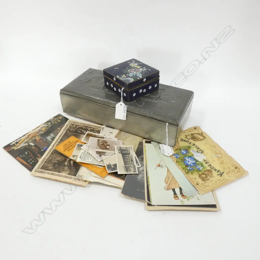 PEWTER LIDDED BOX (280 X 125MM) OF OLD POSTCARDS ETC. + BLUE CLOISONNE LIDDED BOX (A/F Image 1++