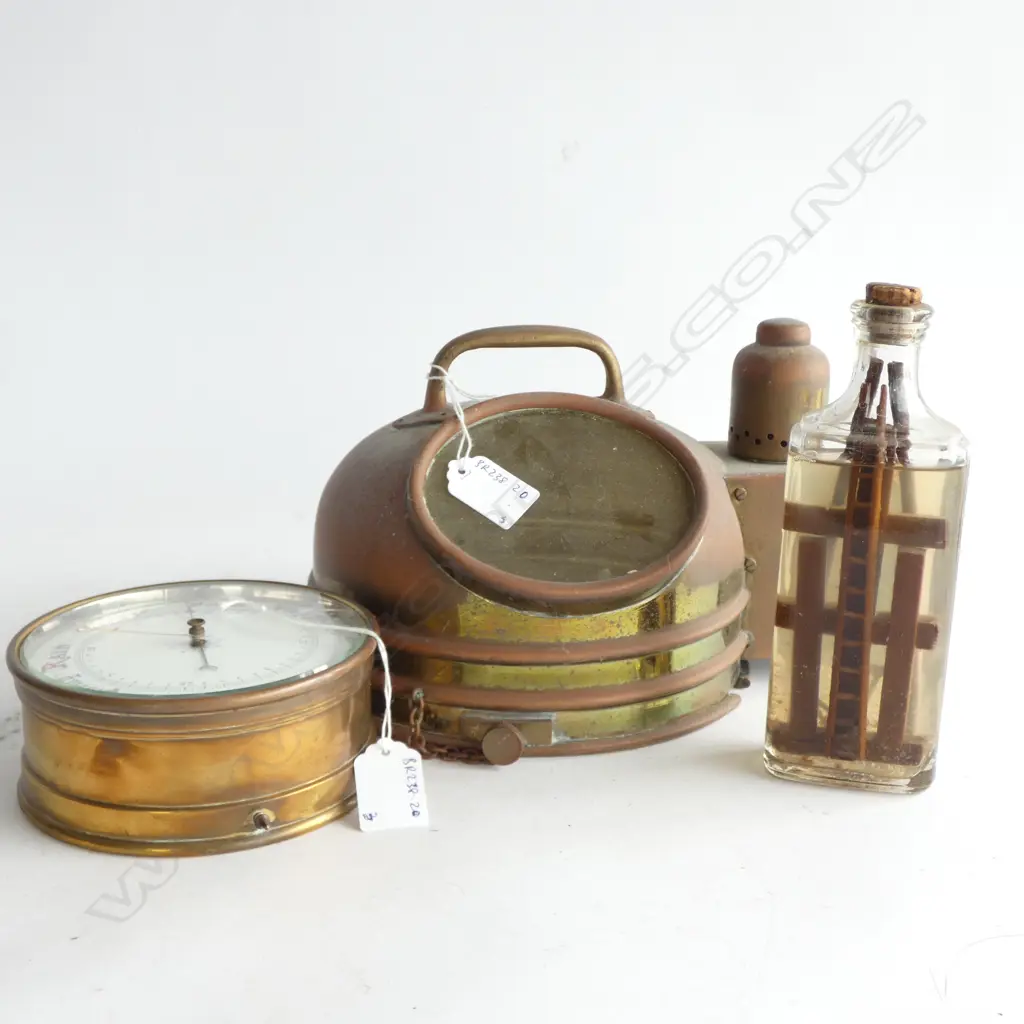 BRASS CASED ANEROID BAROMETER Dia.135mm & BRASS BINNACLE COMPASS HOOD ONLY & SHIP’S CARPENTERS MINI TOOLS IN BOTTLE Image 1++