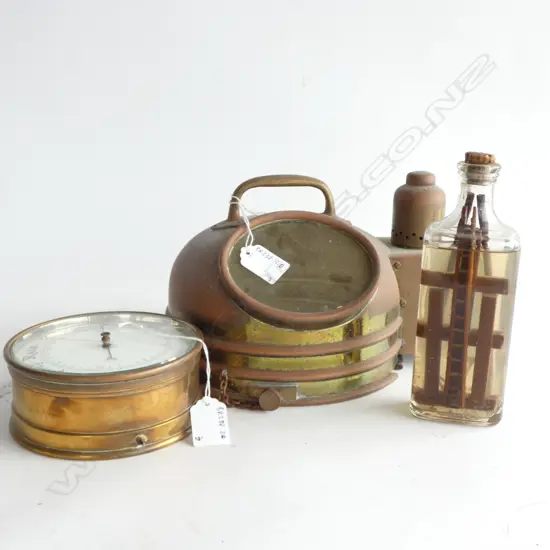 BRASS CASED ANEROID BAROMETER Dia.135mm & BRASS BINNACLE COMPASS HOOD ONLY & SHIP’S CARPENTERS MINI TOOLS IN BOTTLE
