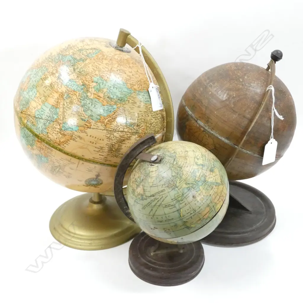 3 OLD WORLD GLOBES H. 300MM 1 BROWN QUITE FADED - ALL HAVE SOME SIGNS OF AGE Image 1++
