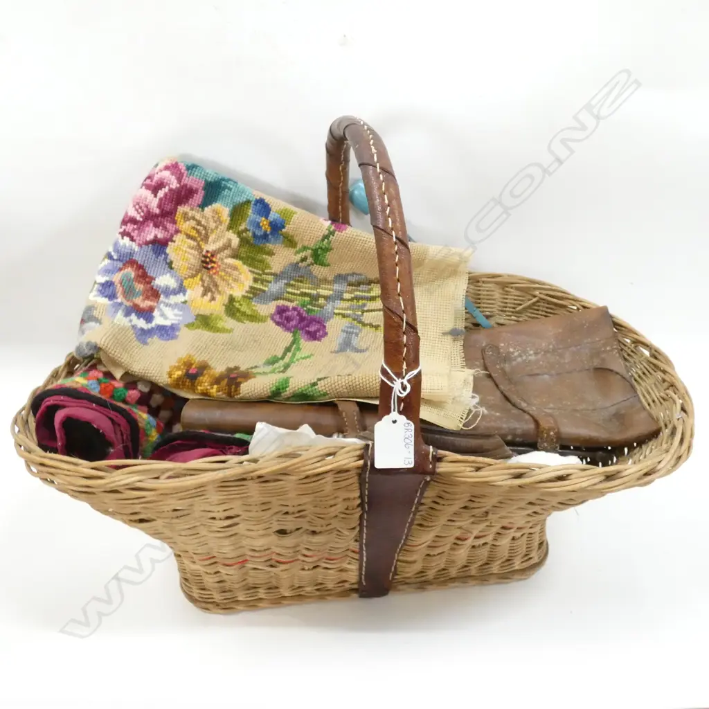 OLD WICKER BASKET OF LINEN, TAPESTRY, CROCHET ETC. Image 1++