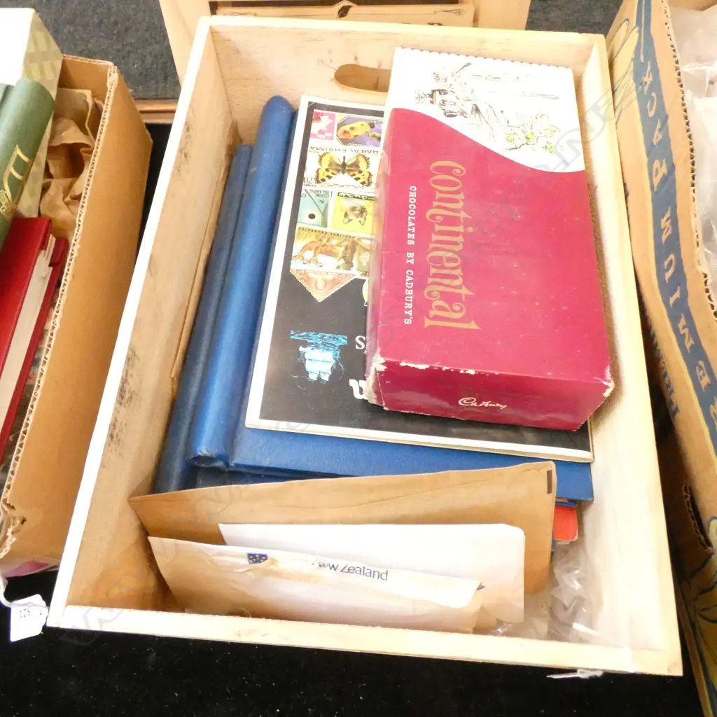 WOODEN BOX LOT ASST STAMPS INCL ALBUMS Image 1++