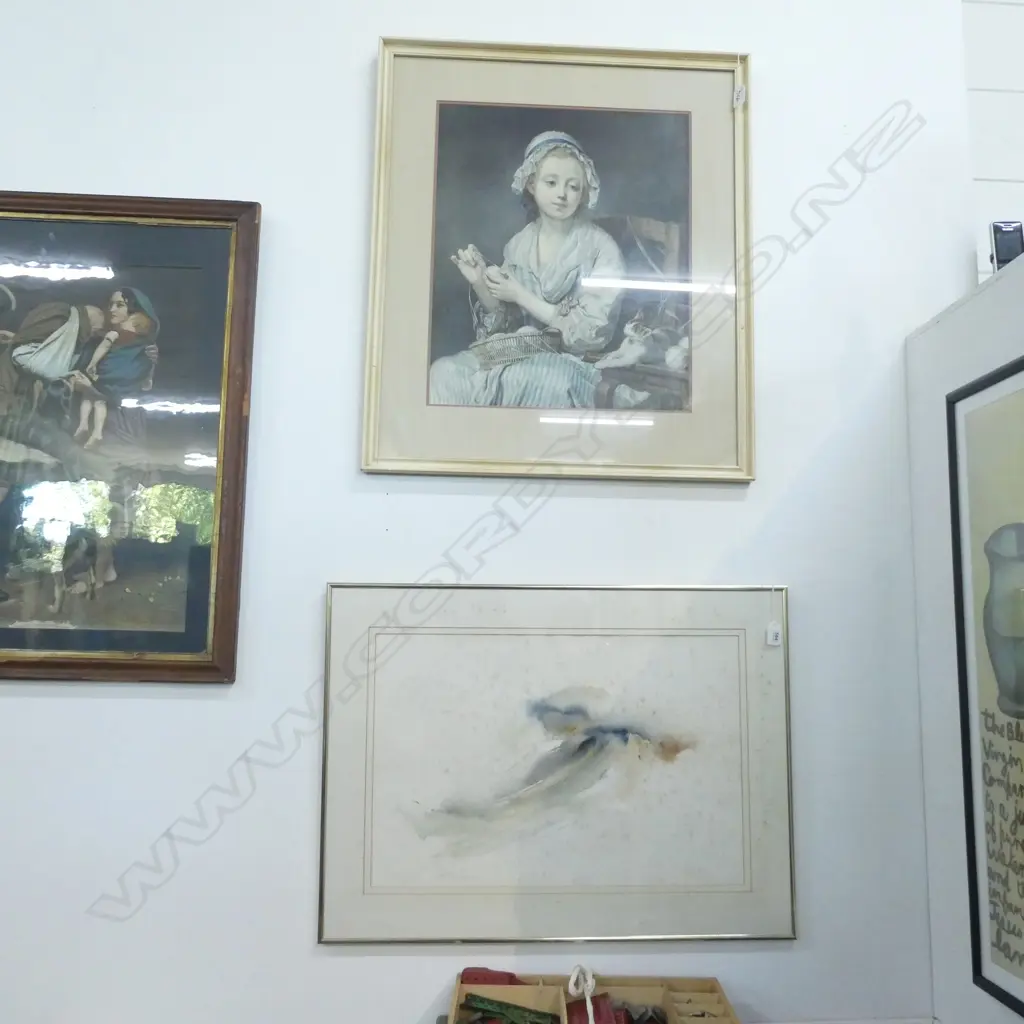 2 ARTWORKS; GIRL & KITTEN PRINT 505x415mm +W/C FOXING  Image 1++