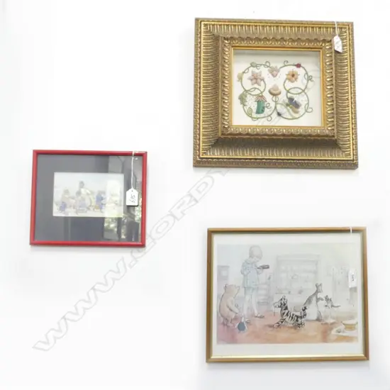 2 FRAMED NURSERY PRINTS INCL WINNIE THE POOH (275 X 295MM) + GILT FRAMED BEADED TAPESTRY 