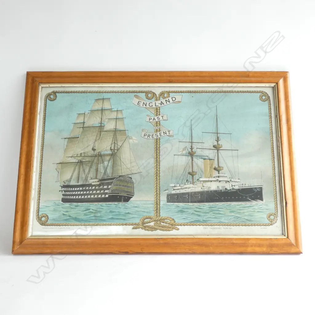 EARLY 20thC LITHOGRAPH OF 2 SHIPS 'ENGLAND PAST & PRESENT' 385x605mm... Image 1++