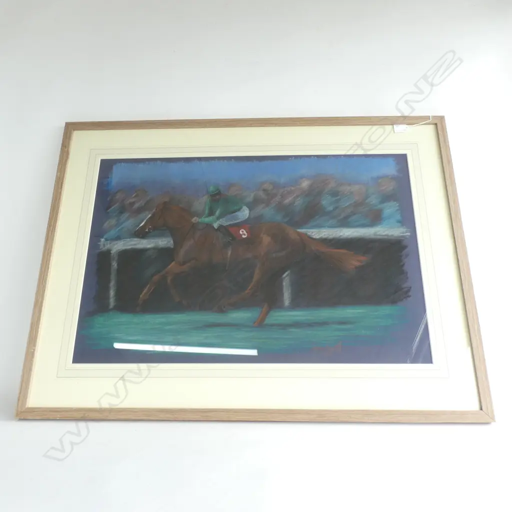 RACEHORSE AND JOCKEY - PASTEL DRAWING BY CAROLINE BARNETT 1986... Image 1++
