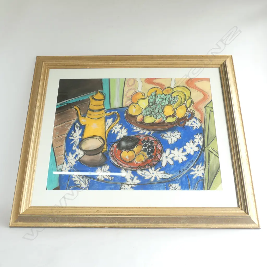 STILL LIFE FRUIT AND JUG ON TABLE. PASTEL DRAWING BY A. KEMP 1992... Image 1++