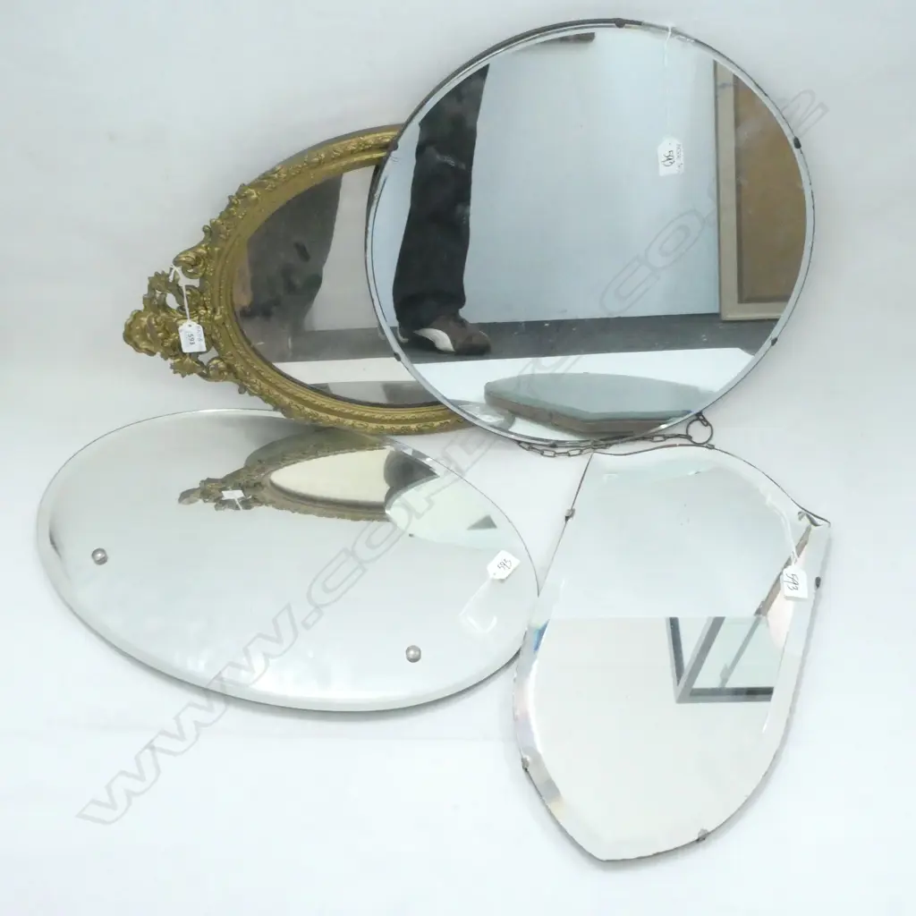 4 ASST WALL MIRRORS - 1 ROUND (DIA 450MM) 1 SHIELD & 2 OVAL  (1 GILT RIMMED) Image 1++