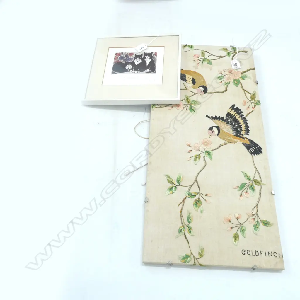 EMBROIDERED BIRD WALL ART (290 X 630MM) & GARDEN CAT PRINT Image 1++