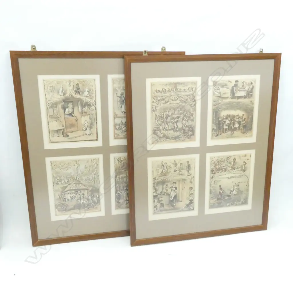 2 LG 19thC FRAMED PRINTS; EA HAS A SET OF 4 PRINTS; ONE OF COMICAL RABBIT SCENES & ONE 4 CAT SCENES 370 X 470MM Image 1++