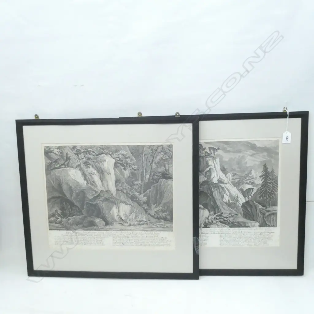 2  17TH/18THC GERMAN FRAMED BLACK & WHITE EUROPEAN ANIMAL SCENE ENGRAVINGS 415 X 345MM (SOME BROWN AGE SPOTS) Image 1++