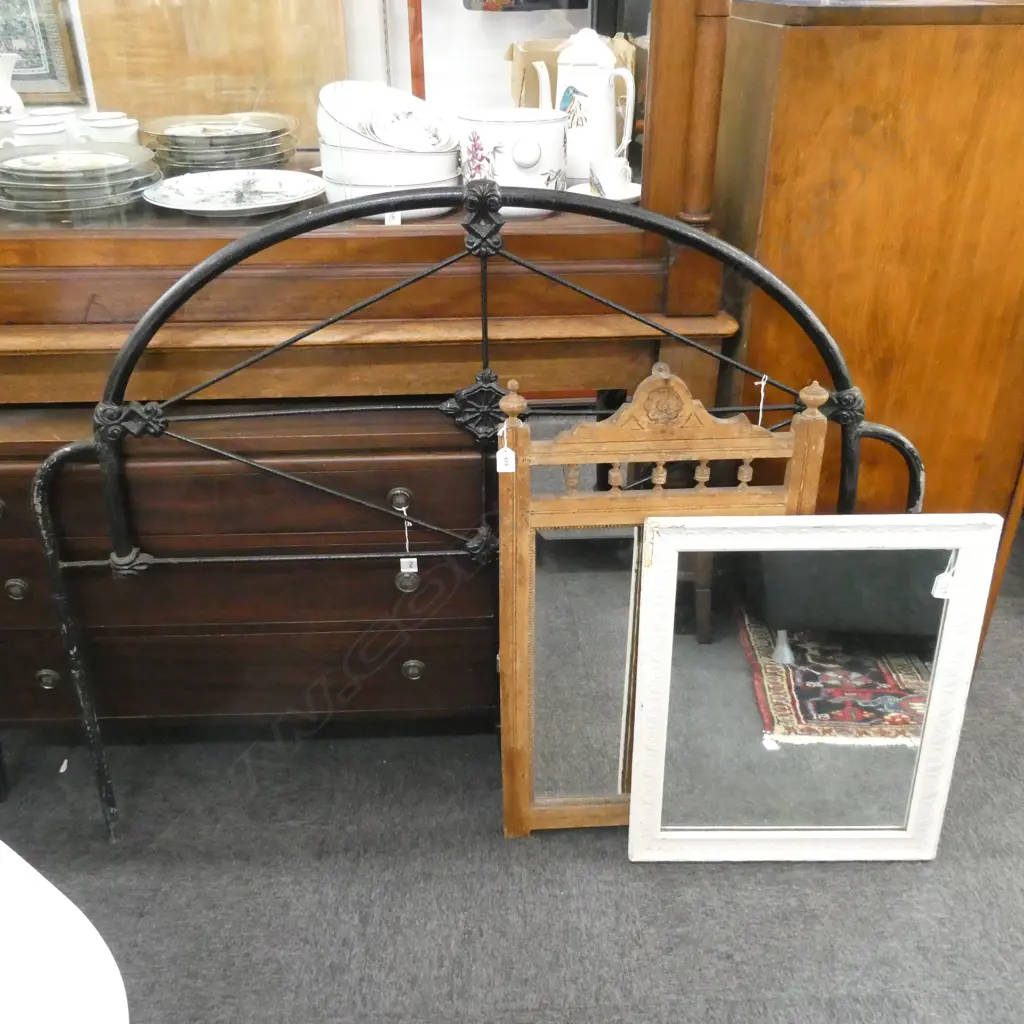 CAST IRON SINGLE BEDHEAD & 2 WOODEN FRAMED WALL MIRRORS - LARGEST 600 500MM Image 1++