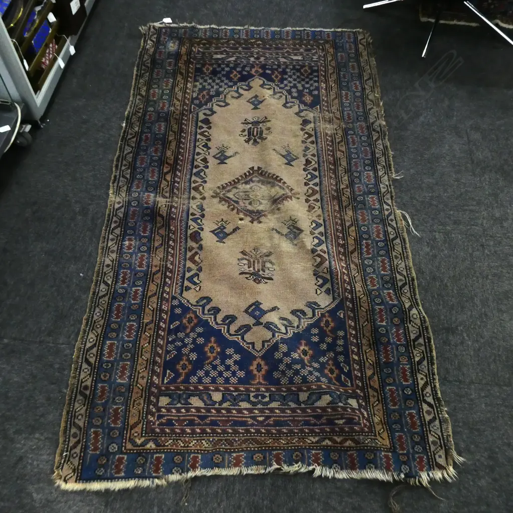 HAND KNOTTED BLUE PERSIAN RUG 970 X 1830MM - THREADBARE IN CENTRE - WEAR TO ENDS Image 1++