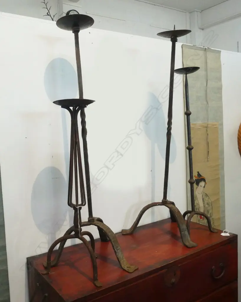 4 OLD WROUGHT IRON FLOOR CANDLE HOLDERS - TALLEST H.  950 ALL HAVE SURFACE RUST Image 1++