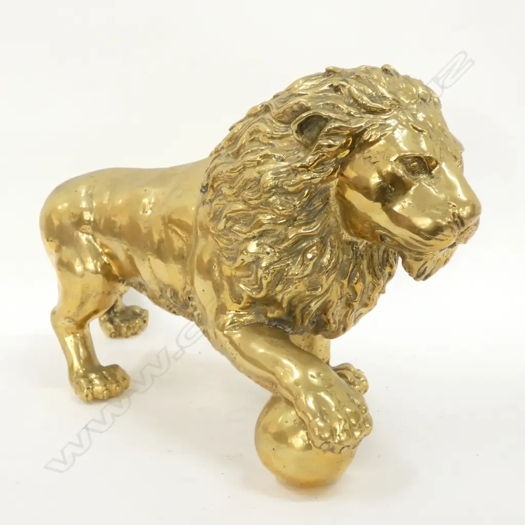 POLISHED BRONZE LION SCULPTURE PAW ON BALL... Image 1++