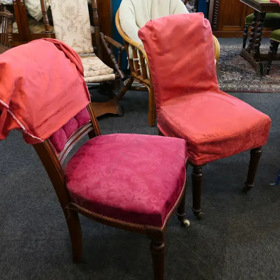6 EDWARDIAN DINING CHAIRS RED SLIP COVERS a/f