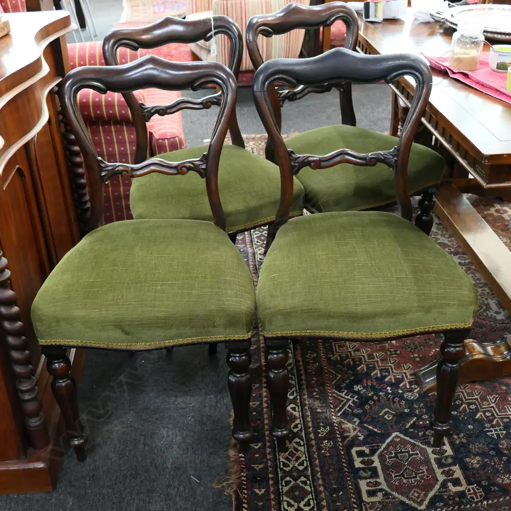 4 VICTORIAN ROSEWOOD BALLOON BACK CHAIRS, GREEN VELVET UPHOLSTERY Image 1++