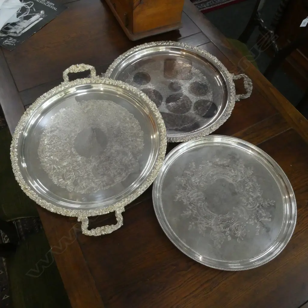3 LG SILVER PLATE TRAYS - DIA 510MM (2 WITH HANDLES) ALL HAVE ENGRAVING Image 1++