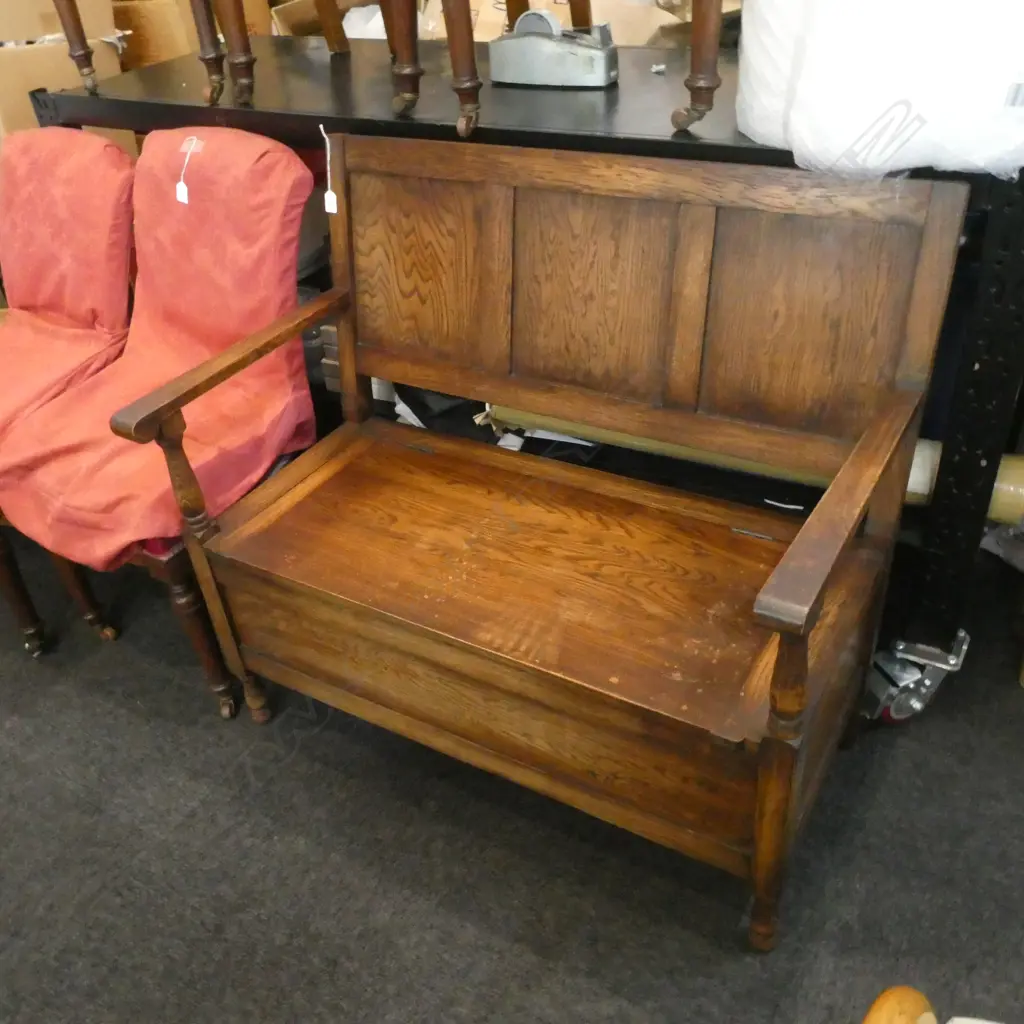 C. 1940S OAK MONK'S SEAT, LIFT-UP SEAT... Image 1++