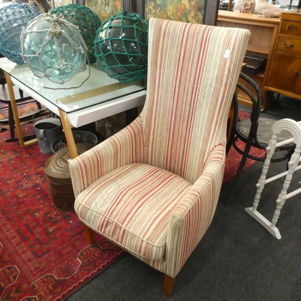 HIGH BACKED CHAIR - ORANGE / WHITE & TAN STRIPE - WOODEN LEGS  Image 1++