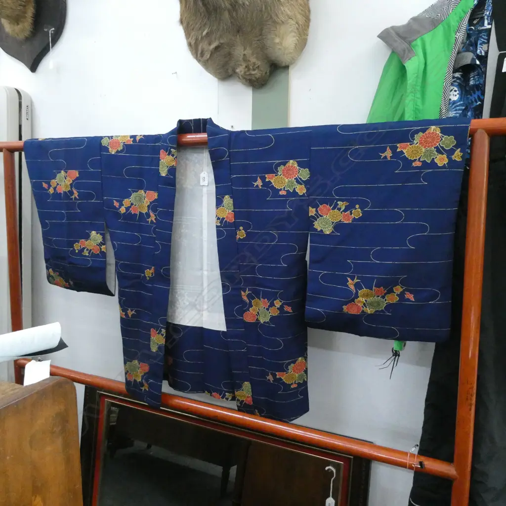 HAORI (SHORT) KIMONO - DARK BLUE SILK WITH ORANGE / GREEN / TAN FLOWER PRINT Image 1++