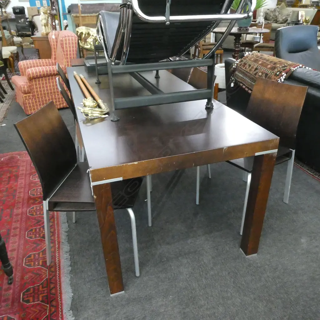 CONTEMPORARY DARK HARDWOOD EXTENDING DINING TABLE & 6 CHAIRS Image 1++