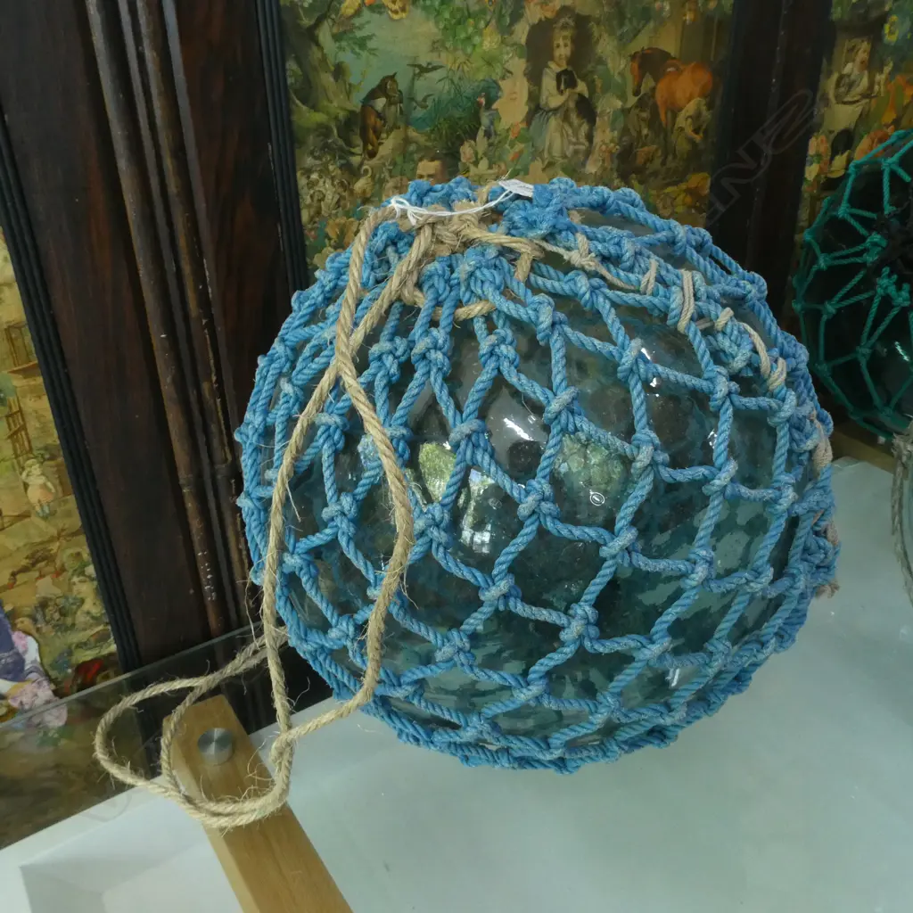 OLD GLASS LARGE FISHING FLOAT BLUE NETTING Dia.380mm Image 1++