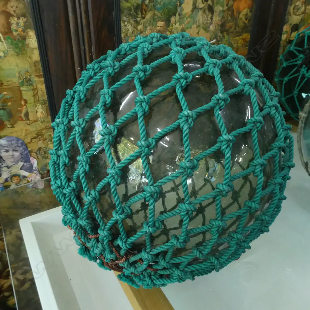 OLD LARGE GLASS FISHING FLOAT WITH NETTING Dia.380mm Image 1++