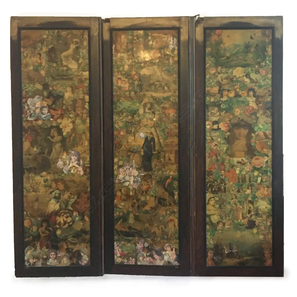 VINTAGE DOUBLE-SIDED DÉCOUPAGE 3-PANEL SCREEN, 1900 X 1830MM, DISTRESSED Image 1++