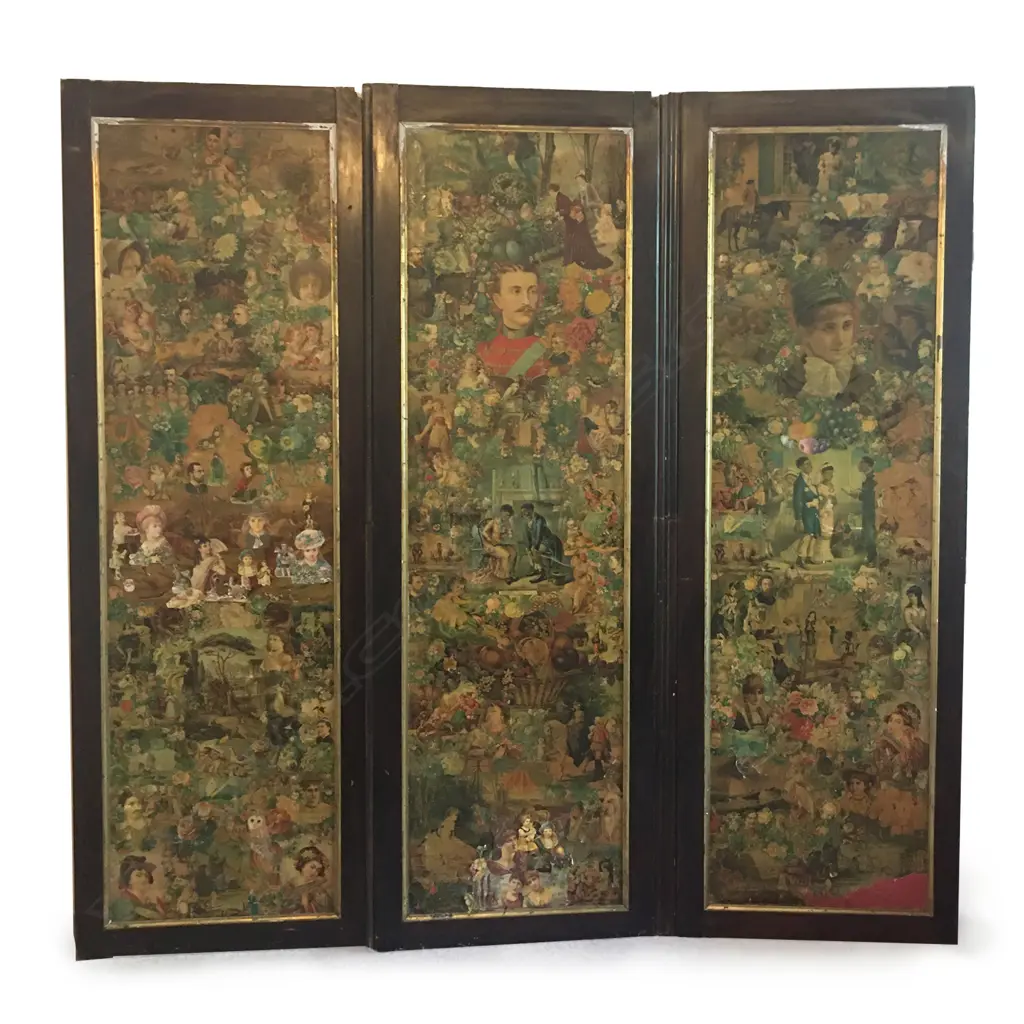 VINTAGE DOUBLE-SIDED DÉCOUPAGE 3-PANEL SCREEN, 1900 X 1830MM, DISTRESSED Image 1++