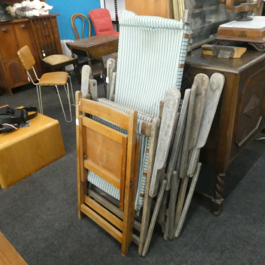 OLD WOODEN FOLDING CHAIR & 3 DECK CHAIRS WITH CANVAS SEAT & BACK Image 1++