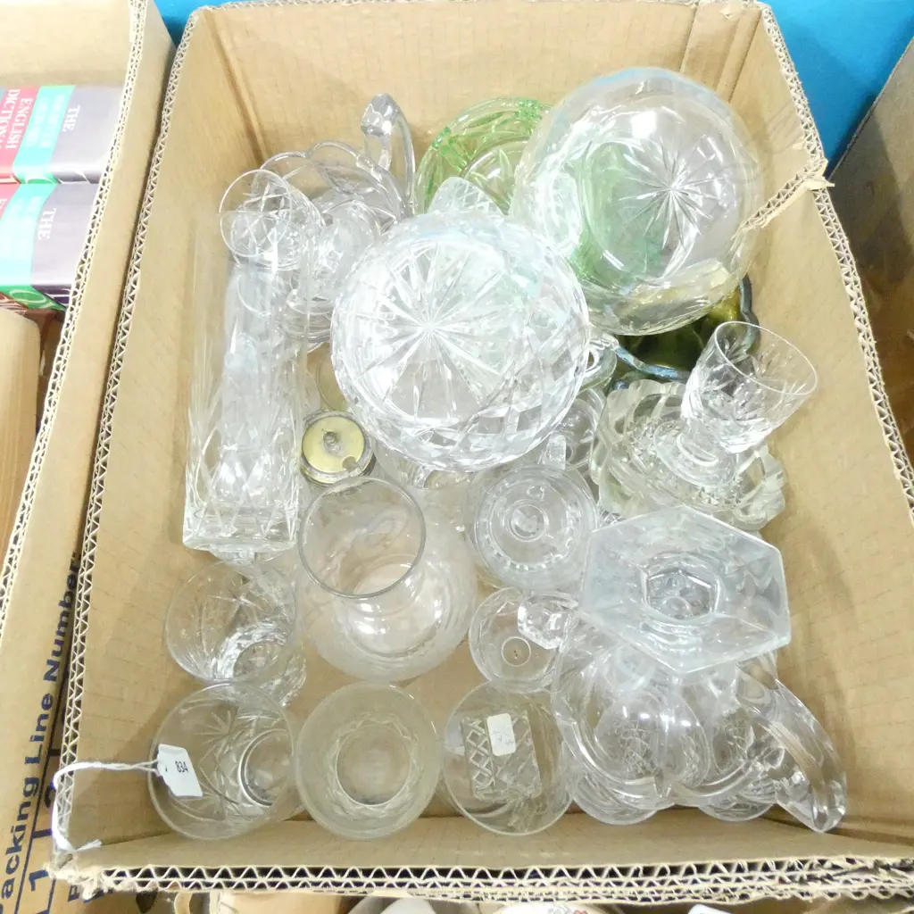BOX LOT ASST GLASSS INC GREEN DEPRESSION, SM STEMWARE & SALTS  Image 1++