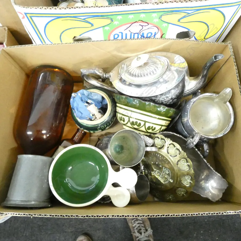 BOX LOT MISC. INCL SILVER PLATE TEAPOT / POTTERY / AMBER GLASS BOTTLES  Image 1++