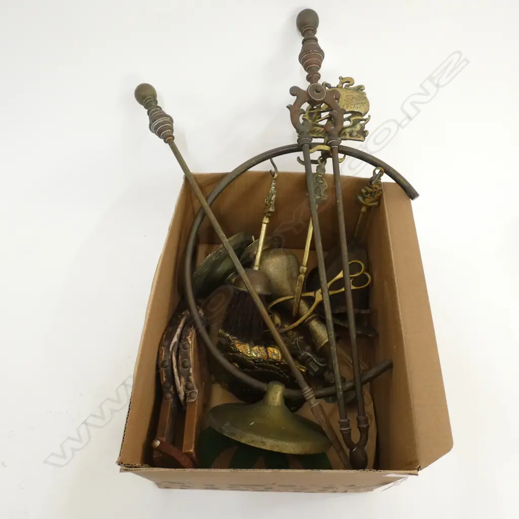 BOX LOT ASST. BRASS; FIRE TOOLS ETC Image 1++