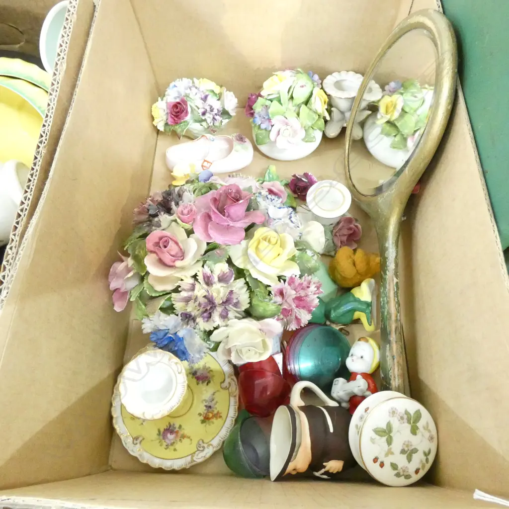 GOOD BOX LOT PORCELAIN FLOWER ITEMS INCL MIRROR ETC... Image 1++
