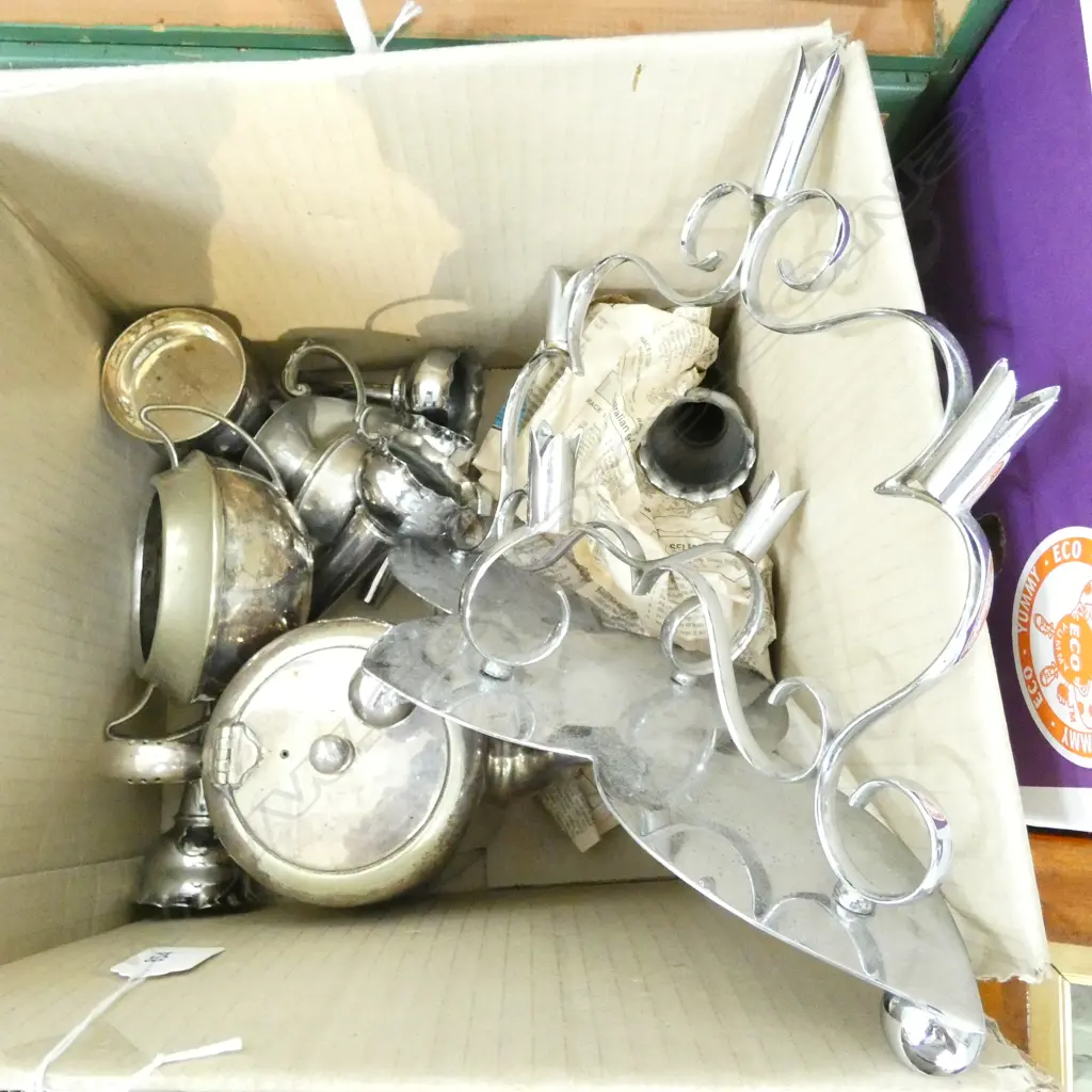 CHROME EPERGNE AND BOX OF SILVER PLATE Image 1++