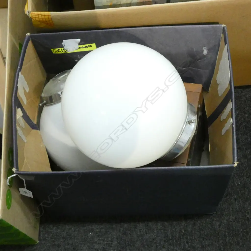 BOX LOT PR MILK GLASS GLOBE LIGHT FITTINGS ETC Image 1++