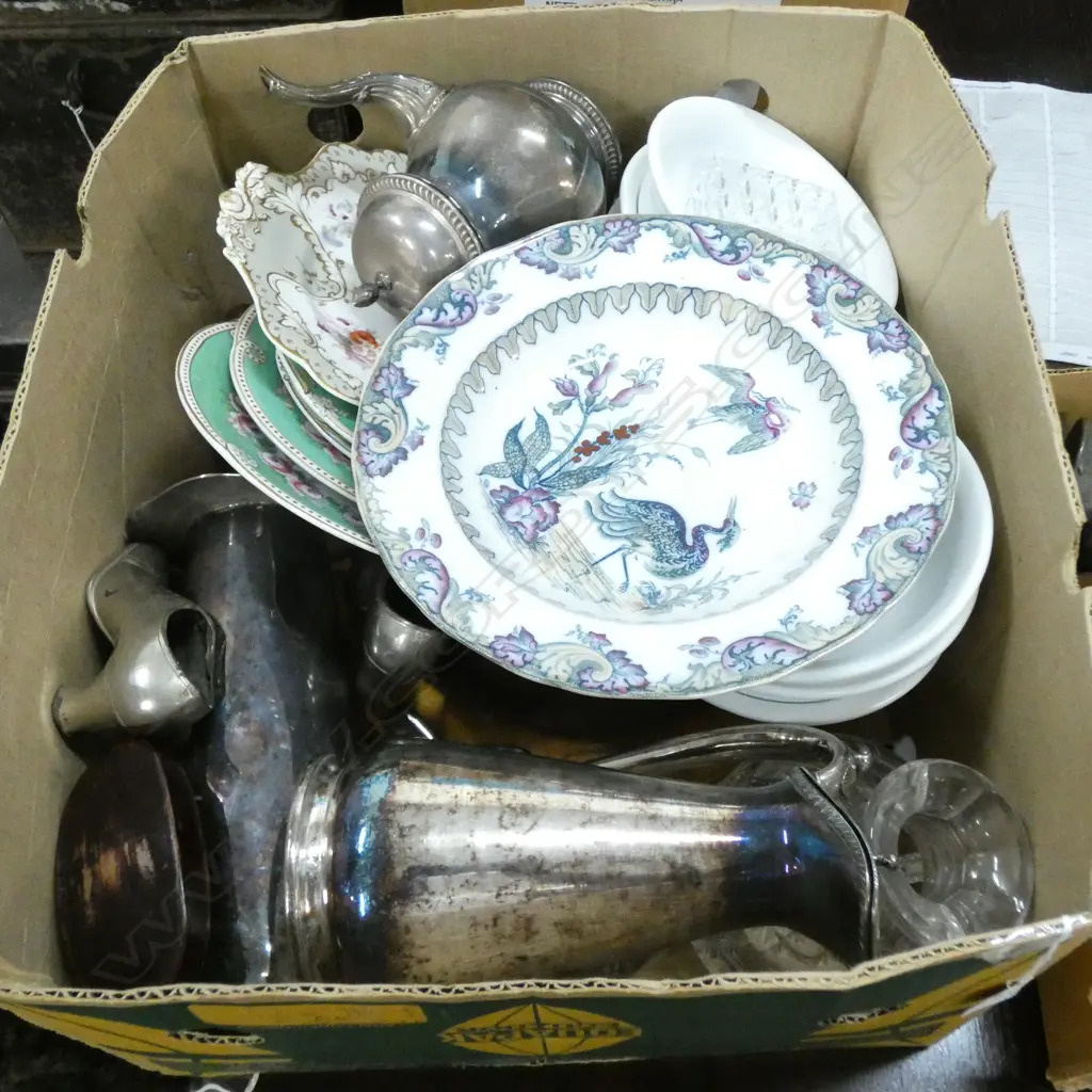 LG BOX LOT MISC SILVER PLATE / PORCELAIN / POTTERY ETC. Image 1++