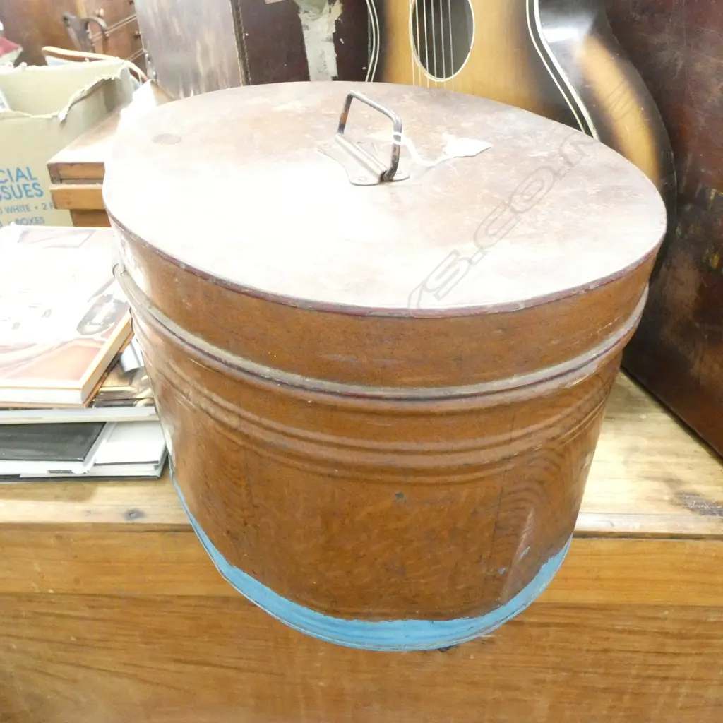 LGE COPPER OVAL HAT BOX - BLUE DAUBS OF PAINT 320 400 X 250MM Image 1++