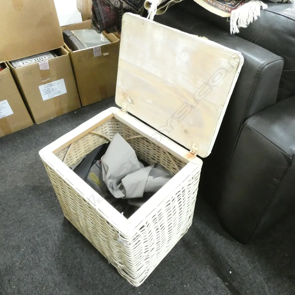 WHITE WICKER  BASKET WITH WADERS & BOOTS ETC.. Image 1++