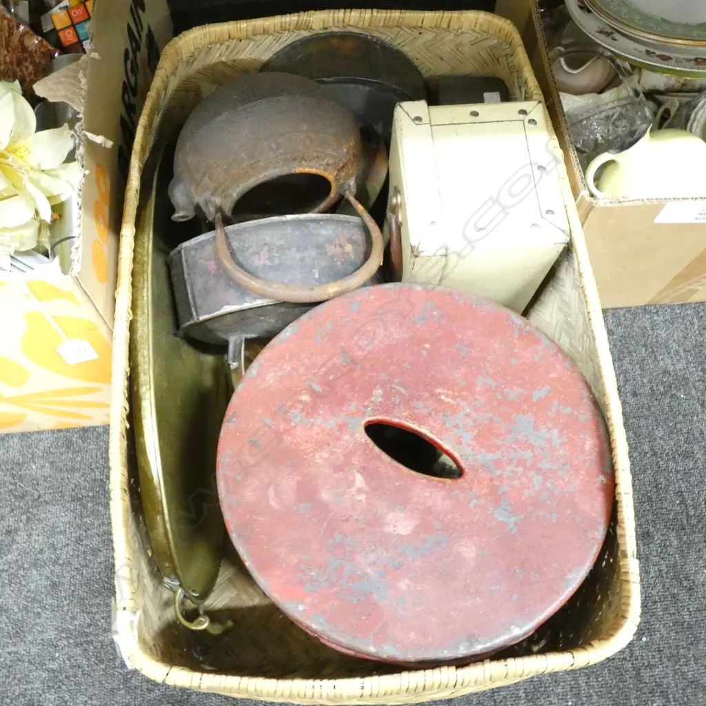 LARGE CANE BASKET MISC INC. OLD KETTLES / TINS ETC.. Image 1++
